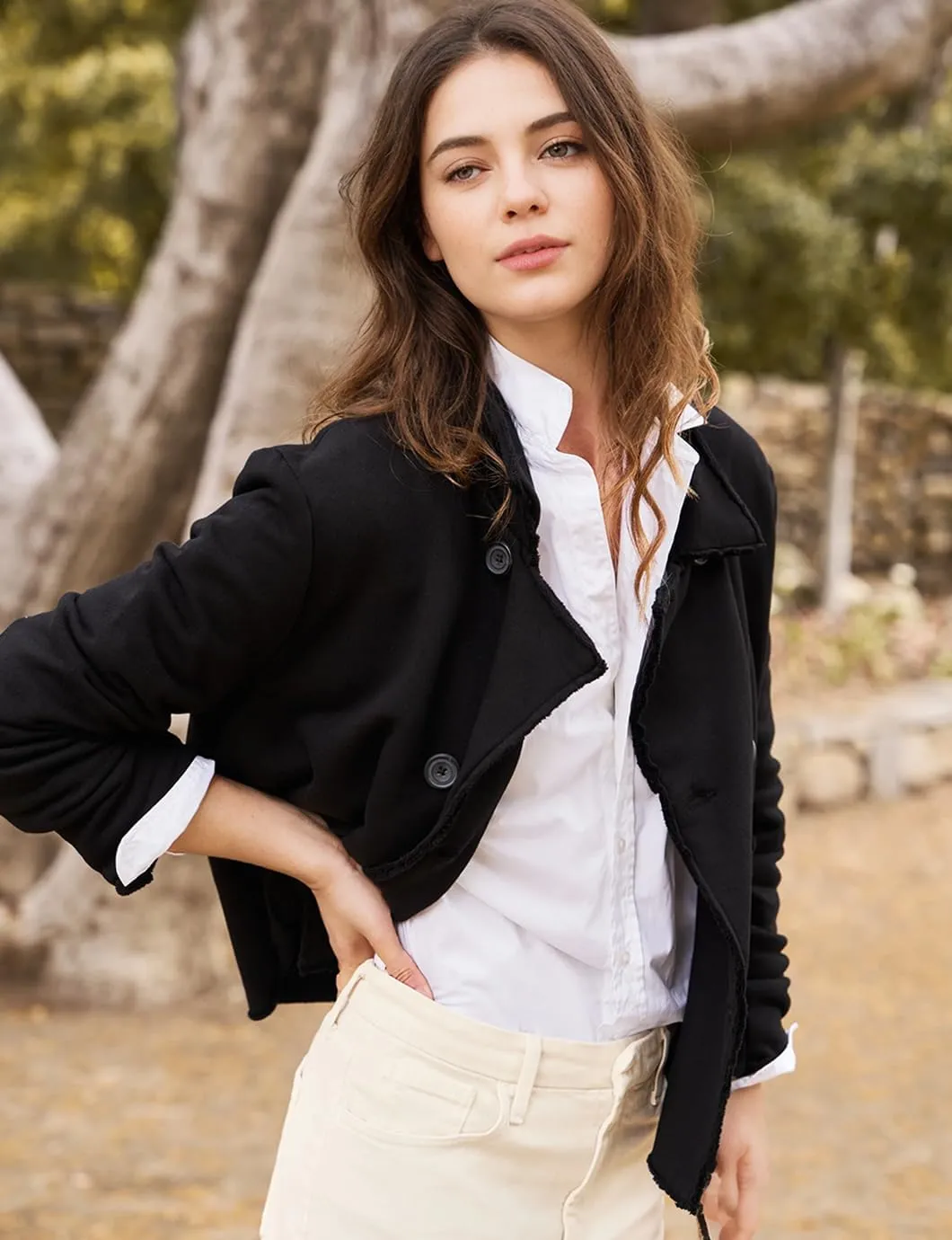 Women's Cropped Pea Coat Notched Lapel Double Breasted Trench Overcoat Blazer Jacket with Pockets