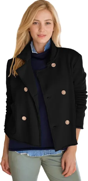 Women's Cropped Pea Coat Notched Lapel Double Breasted Trench Overcoat Blazer Jacket with Pockets