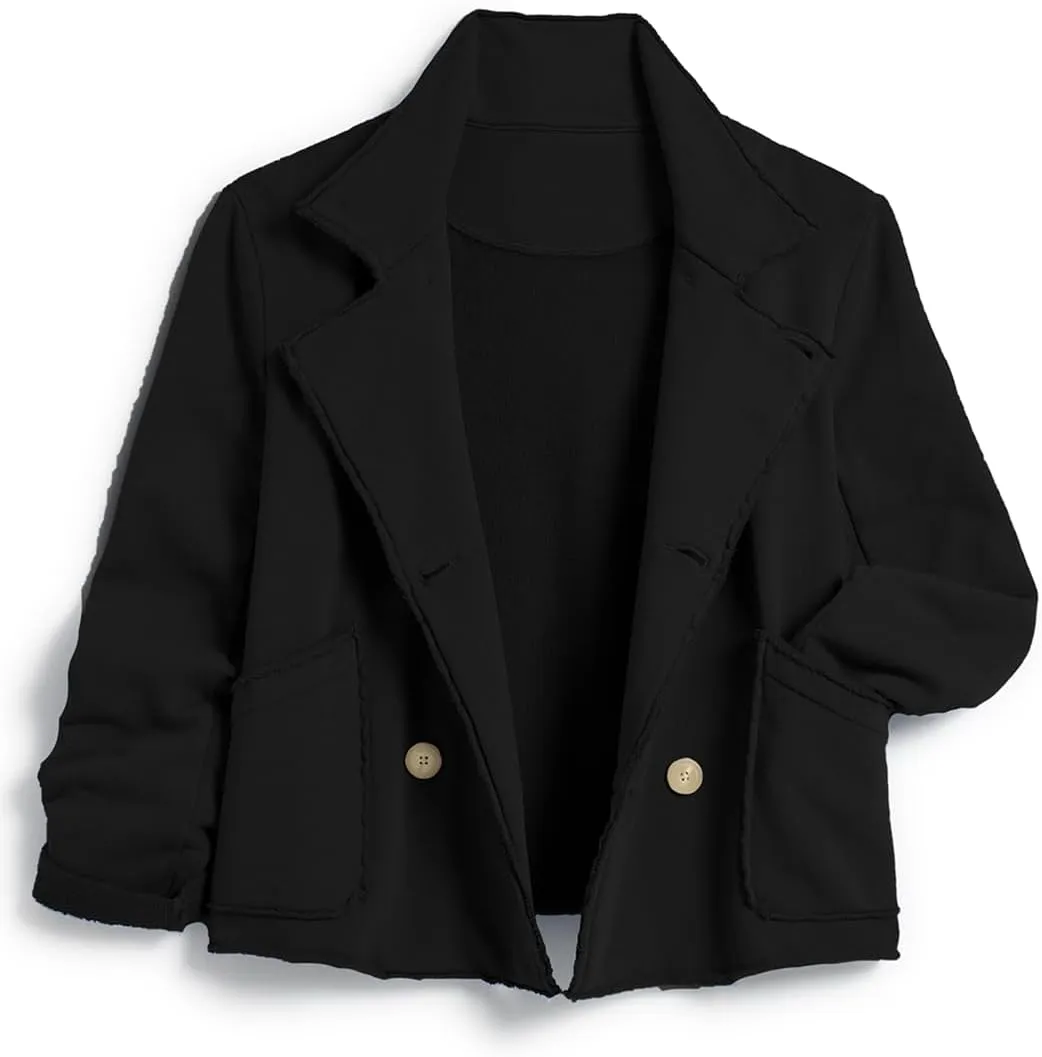 Women's Cropped Pea Coat Notched Lapel Double Breasted Trench Overcoat Blazer Jacket with Pockets
