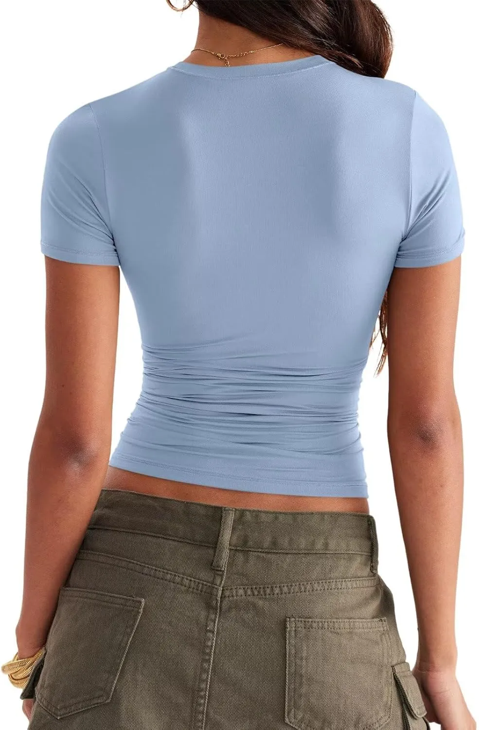 Womens Double Lined Tops Crewneck Short Sleeve Tees Basic Slim Fit T Shirts Y2K Summer Clothes 2025