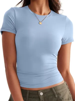 Womens Double Lined Tops Crewneck Short Sleeve Tees Basic Slim Fit T Shirts Y2K Summer Clothes 2025
