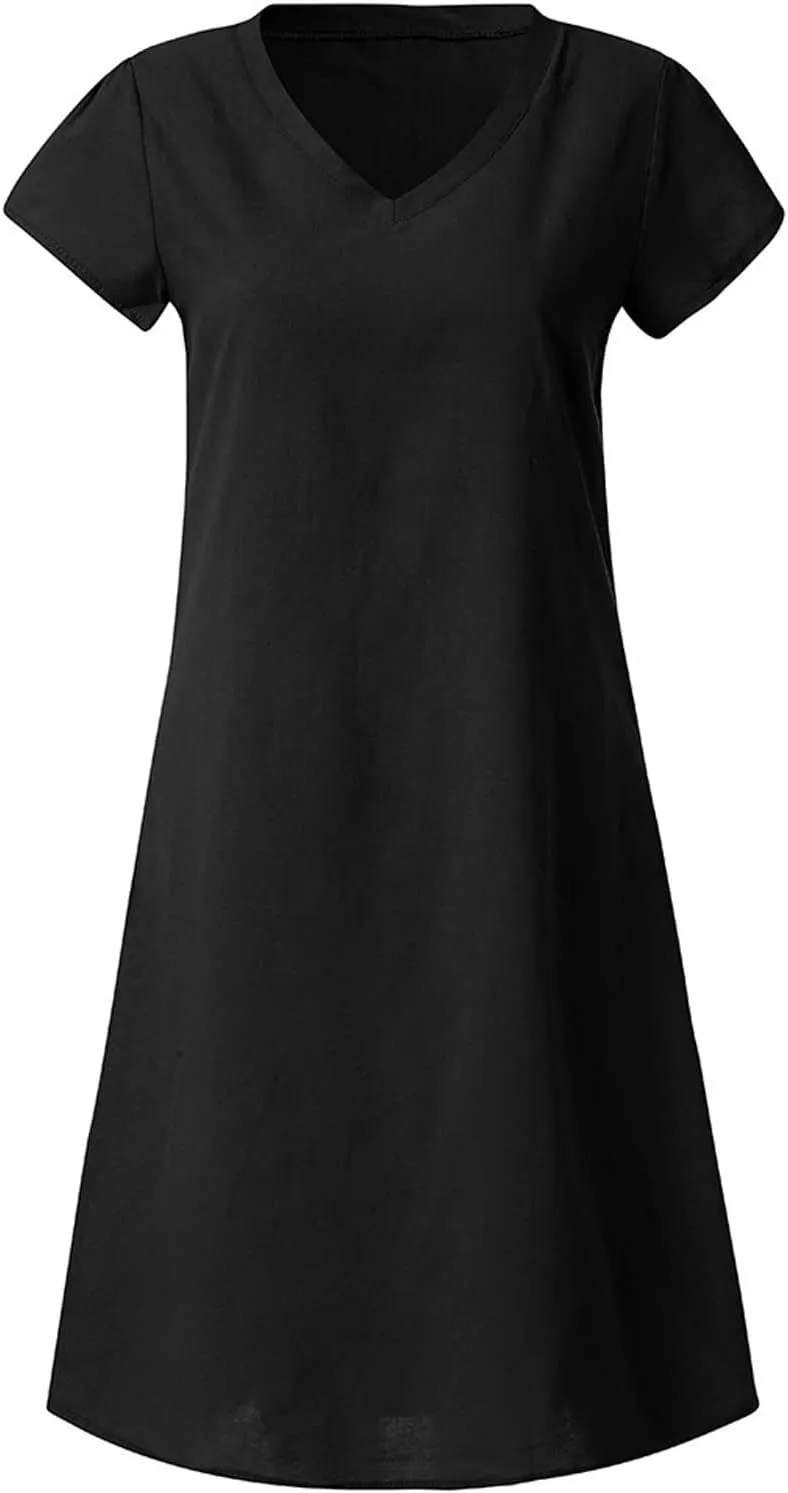 Womens Dresses Short Sleeve V Neck Cute Sun Dress T Shirts Knee Length Casual Dresses Fashion Plus Size Sundresses