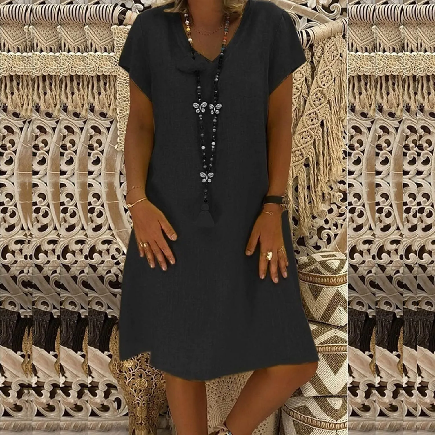 Womens Dresses Short Sleeve V Neck Cute Sun Dress T Shirts Knee Length Casual Dresses Fashion Plus Size Sundresses