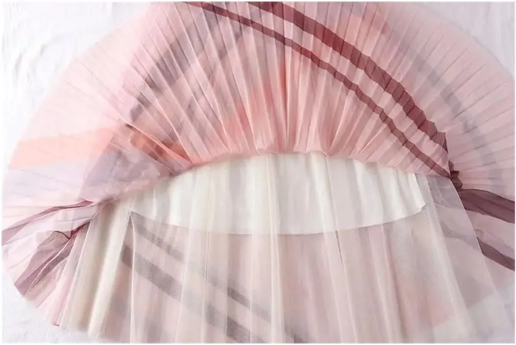 Women's Elastic High Waisted Contrasting Color Pleated A-Line Skirt Midi Mesh Tulle Skirt for Party Ball Gown