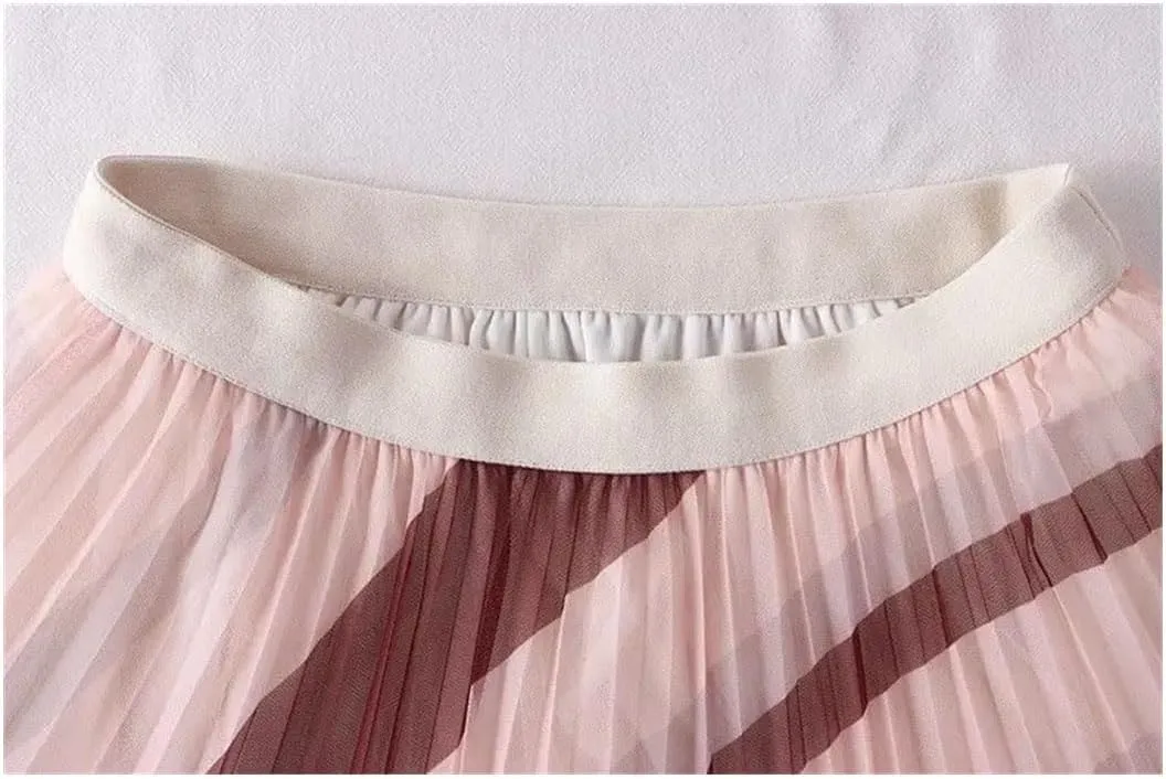 Women's Elastic High Waisted Contrasting Color Pleated A-Line Skirt Midi Mesh Tulle Skirt for Party Ball Gown