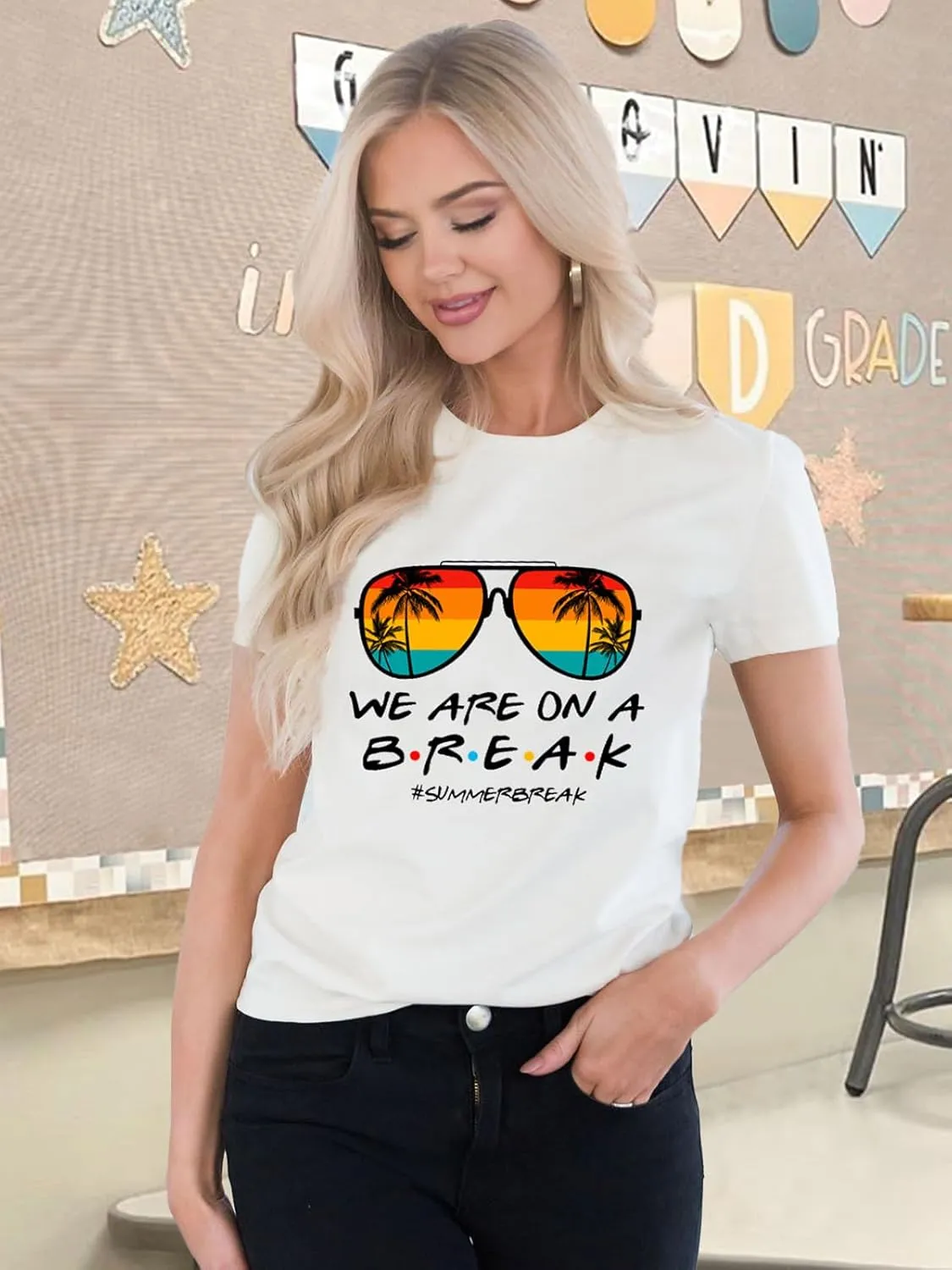 Womens Last Day of School Teacher Shirt School Day Gifts Funny Teacher Summer Break Graphic T-Shirts