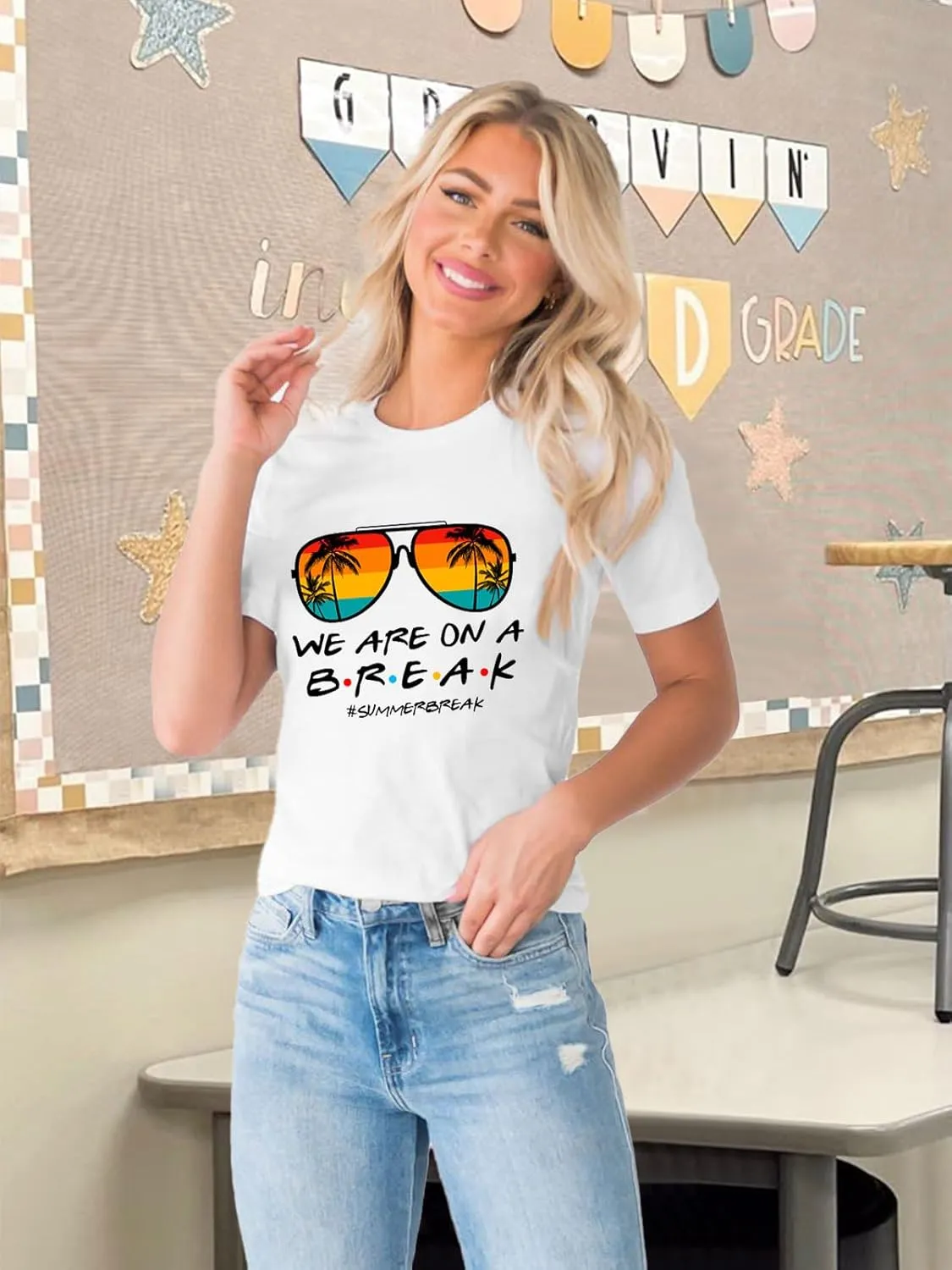 Womens Last Day of School Teacher Shirt School Day Gifts Funny Teacher Summer Break Graphic T-Shirts