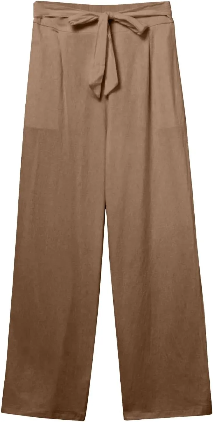 Women's Linen Pants Relaxed Fit High Waisted Plus Size Wide Leg Pants Tie Knot Causal Summer Beach Pant with Pockets
