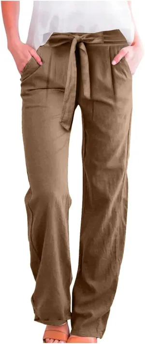 Women's Linen Pants Relaxed Fit High Waisted Plus Size Wide Leg Pants Tie Knot Causal Summer Beach Pant with Pockets