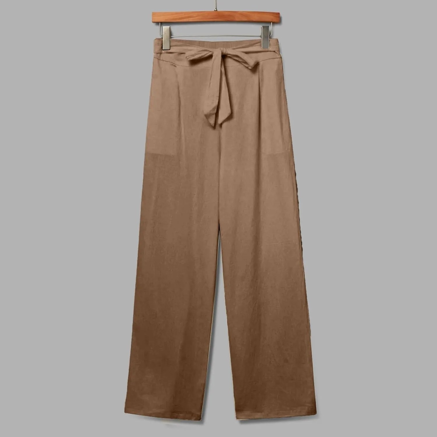 Women's Linen Pants Relaxed Fit High Waisted Plus Size Wide Leg Pants Tie Knot Causal Summer Beach Pant with Pockets
