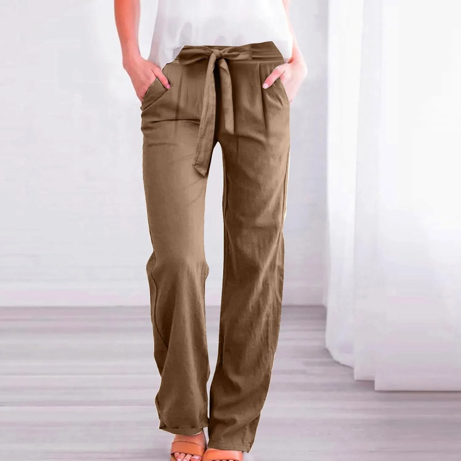 Women's Linen Pants Relaxed Fit High Waisted Plus Size Wide Leg Pants Tie Knot Causal Summer Beach Pant with Pockets