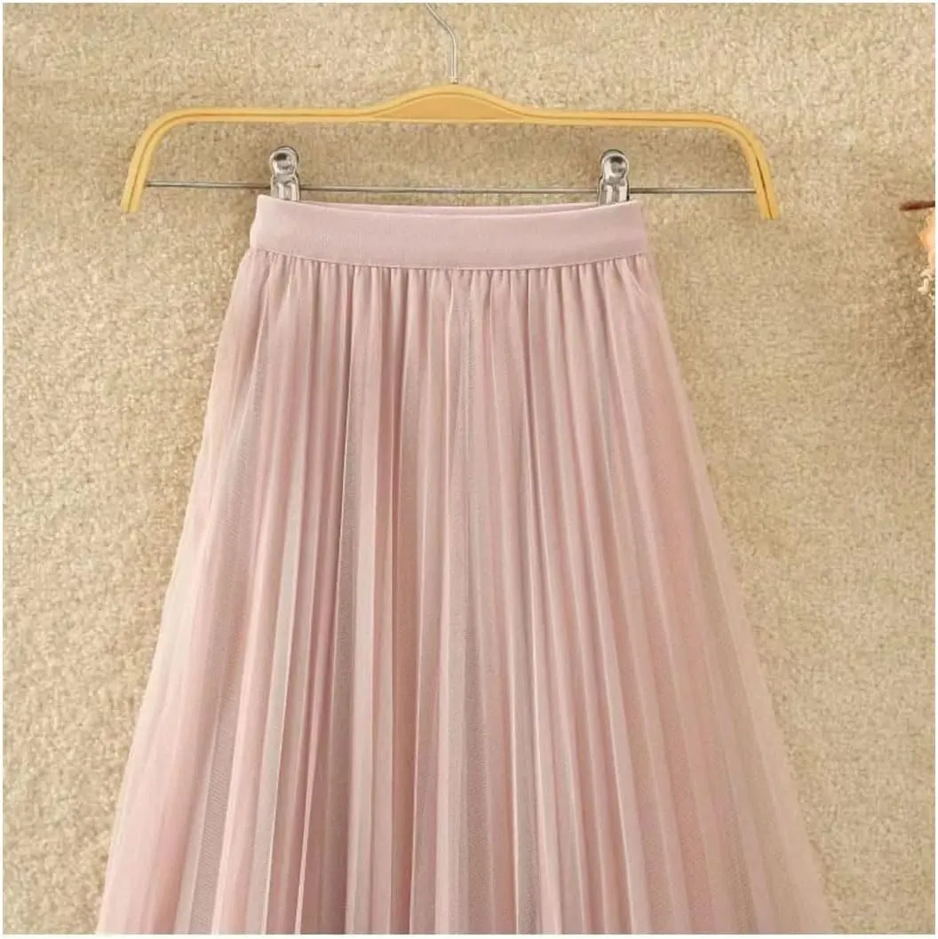 Women's Midi Mesh Tulle Pleated A-Line Skirts Elastic High Waist Skirts for Spring Summer Party Skirts