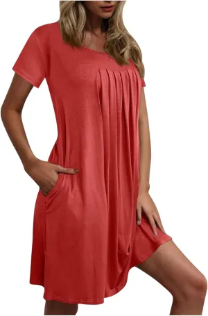 Women's Pleated Front Summer Dresses Casual Short Sleeve T Shirts Nightgowns Mini Comfy Sleep Dress with Pockets
