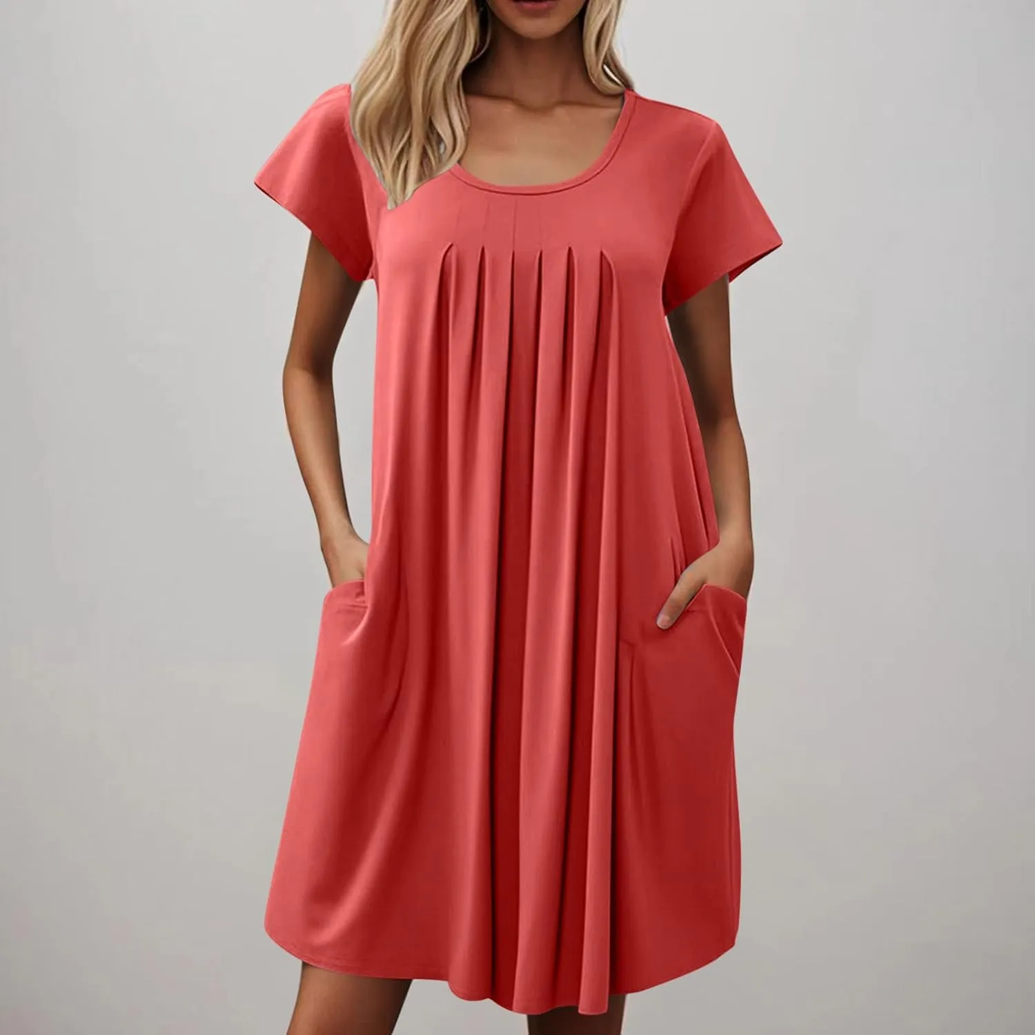 Women's Pleated Front Summer Dresses Casual Short Sleeve T Shirts Nightgowns Mini Comfy Sleep Dress with Pockets