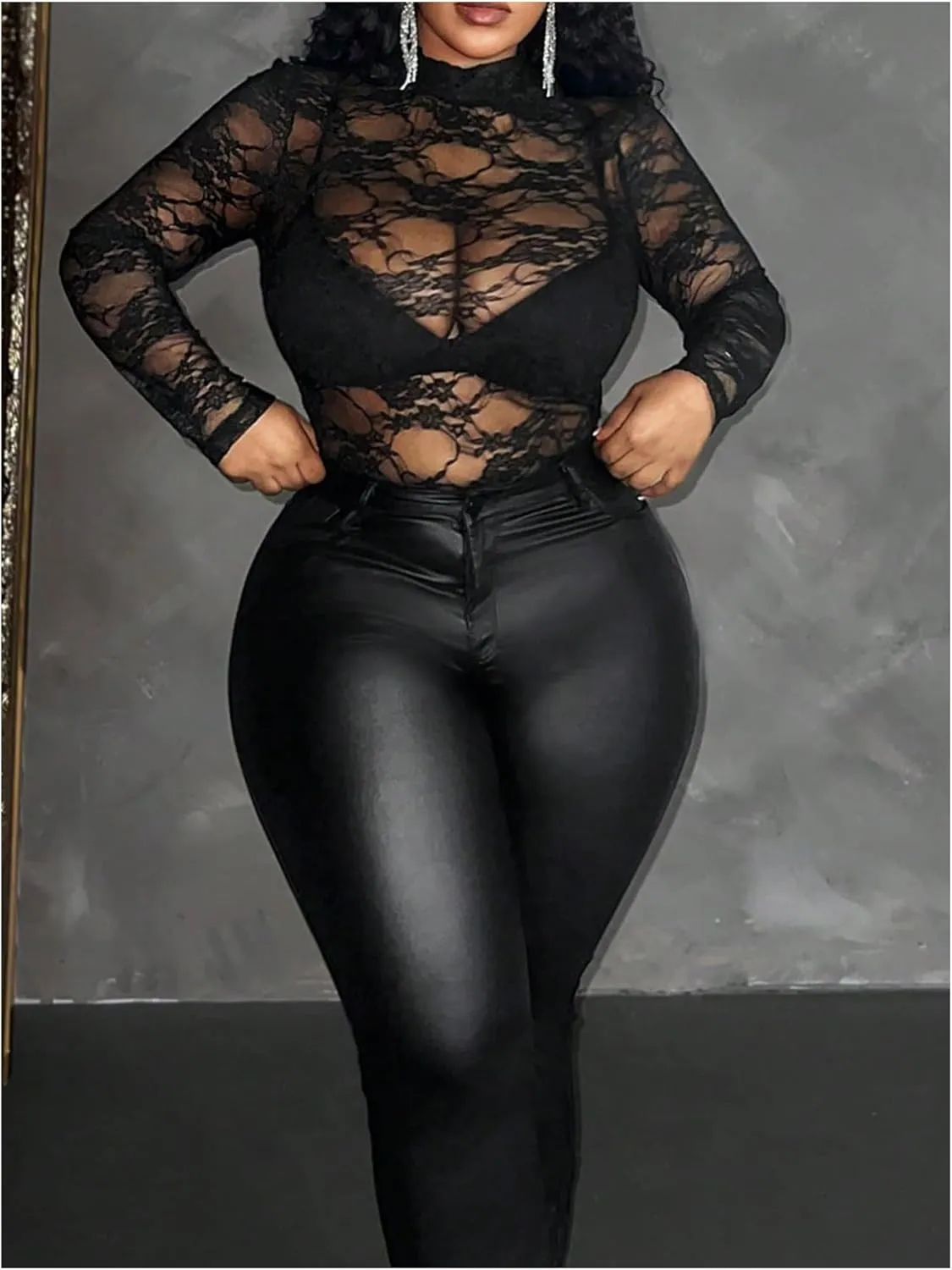 Women's Plus Size Lace Sheer Mesh Tops Mock Neck Long Sleeve See Through T Shirts Going Out Clubwear