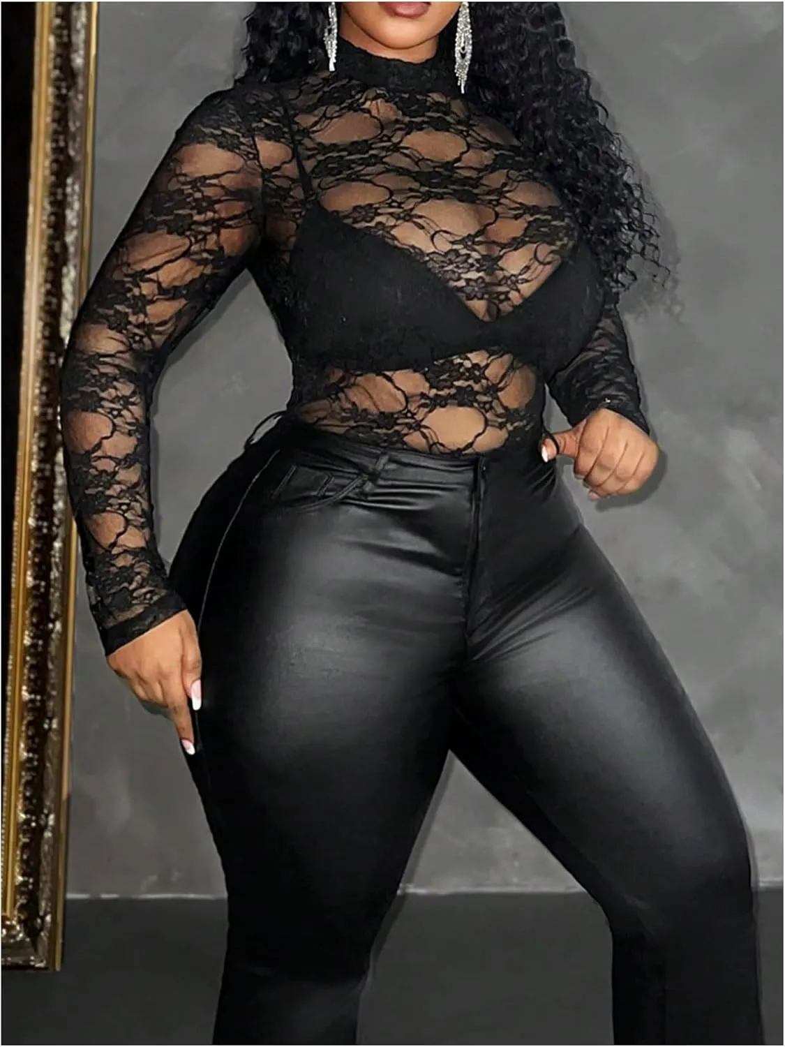 Women's Plus Size Lace Sheer Mesh Tops Mock Neck Long Sleeve See Through T Shirts Going Out Clubwear