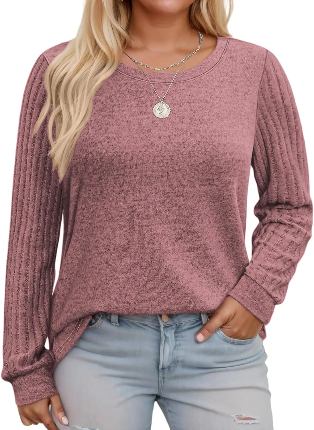 Womens-Plus-Size-Tops Trendy Long Sleeve T Shirts Dressy Lightweight Knit Sweaters Casual Loose Pullover Sweatshirts