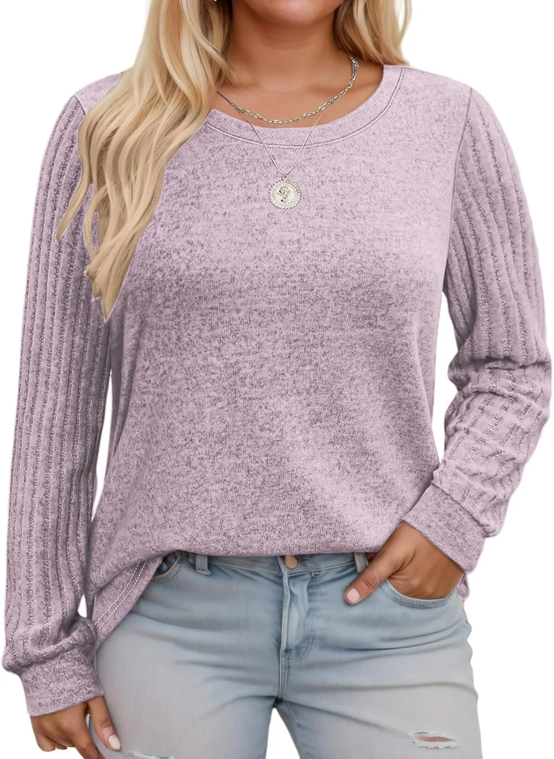 Womens-Plus-Size-Tops Trendy Long Sleeve T Shirts Dressy Lightweight Knit Sweaters Casual Loose Pullover Sweatshirts
