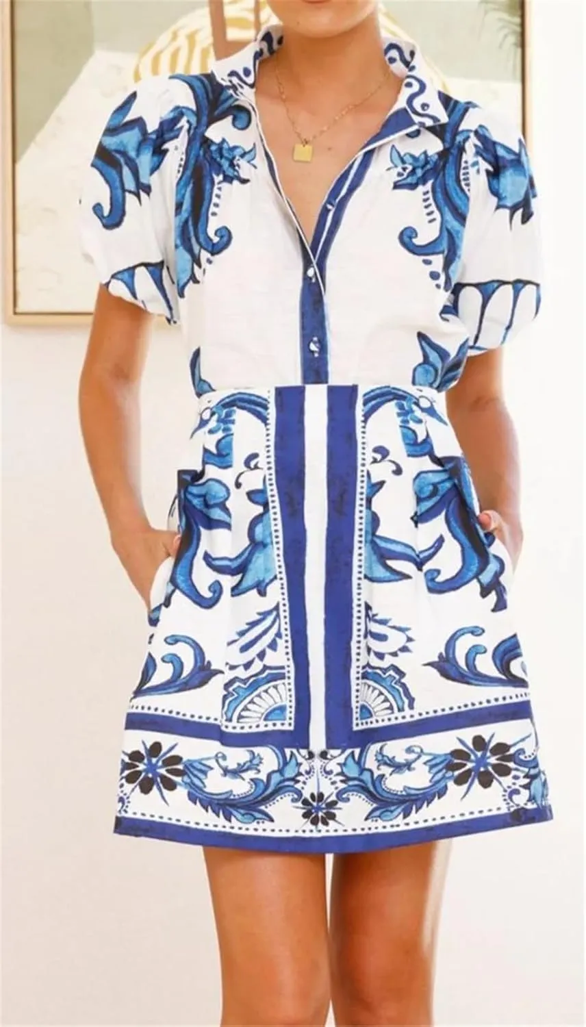 Womens Sexy 2 Pieces Printed Puff Sleeve Button T-Shirts Tops Bodycon Skirts Party Clubwear Vacation Dress Set