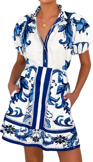 Womens Sexy 2 Pieces Printed Puff Sleeve Button T-Shirts Tops Bodycon Skirts Party Clubwear Vacation Dress Set