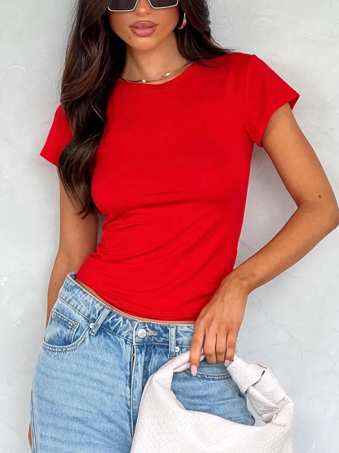 Women's Short Sleeve Tight T Shirts Crew Neck Slim Fit Summer Basic Tee Going Out Y2k Crop Tops 2025