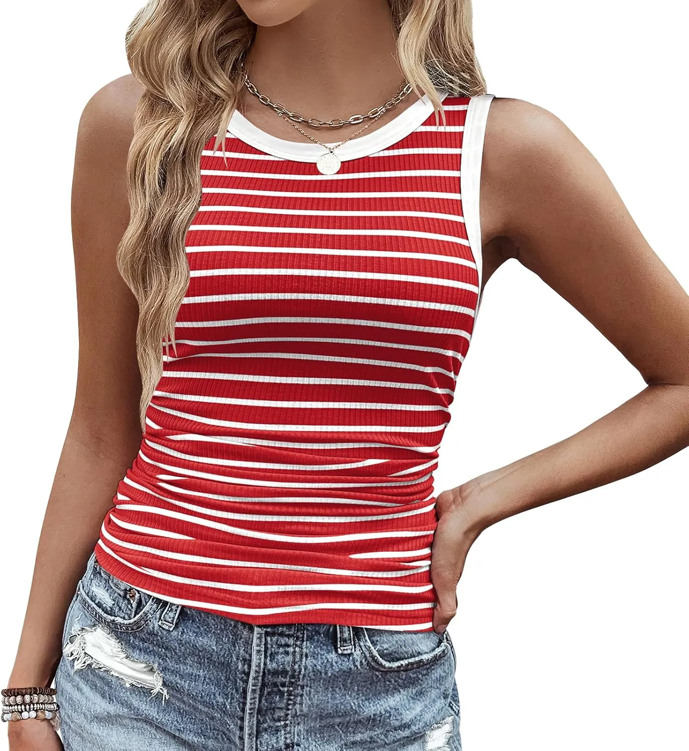 Womens Sleeveless Ribbed Tank Tops 2025 Summer Round Neck Slim Fit Top Casual T Shirts Clothes