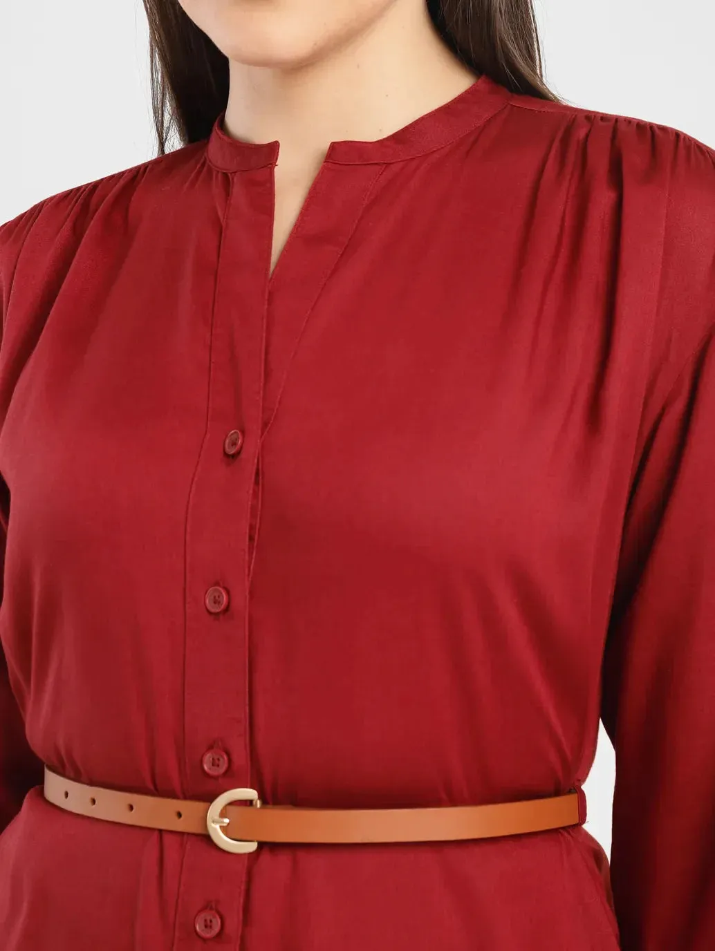 Women's Solid Red Band Neck Dress