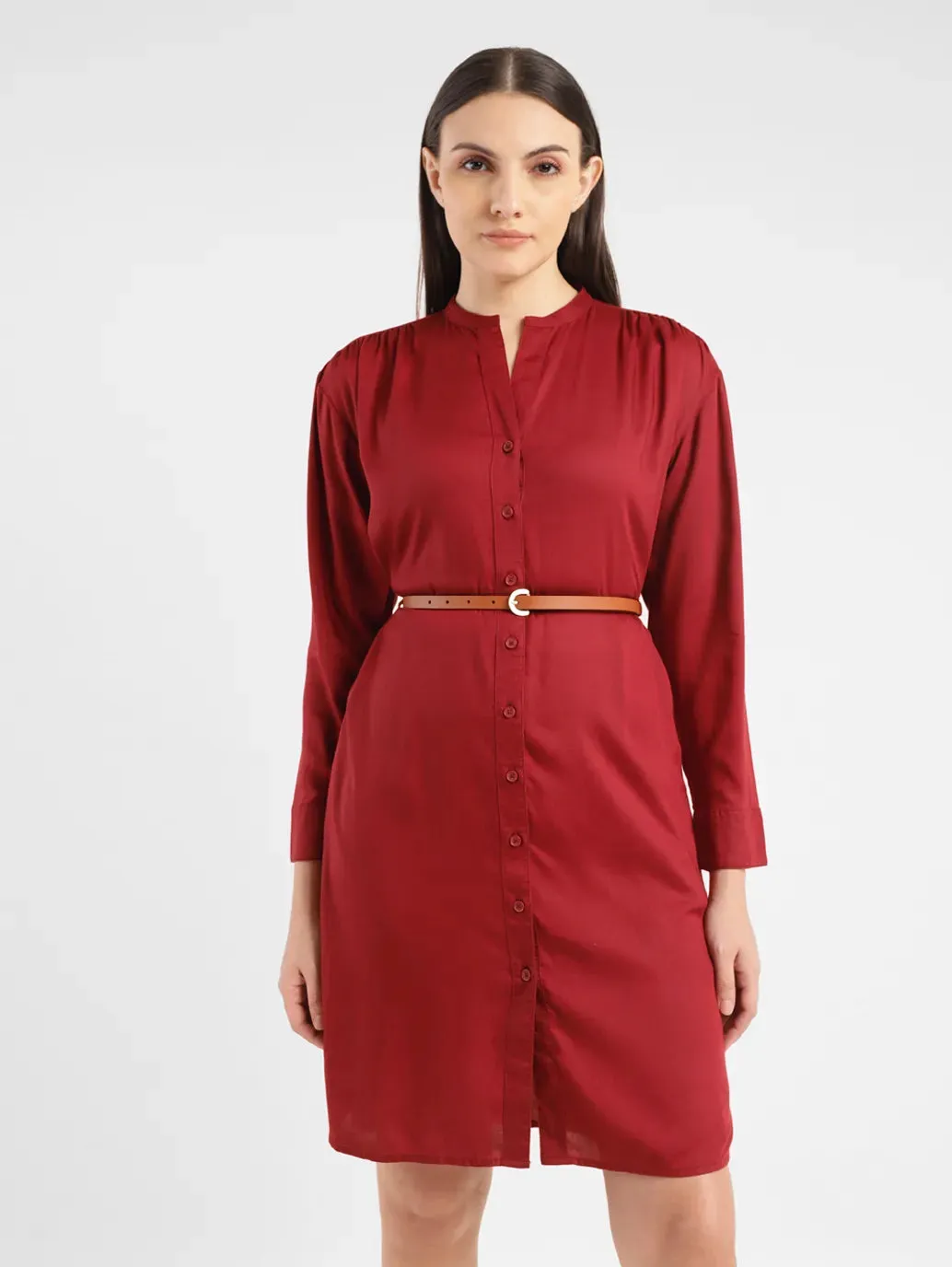 Women's Solid Red Band Neck Dress