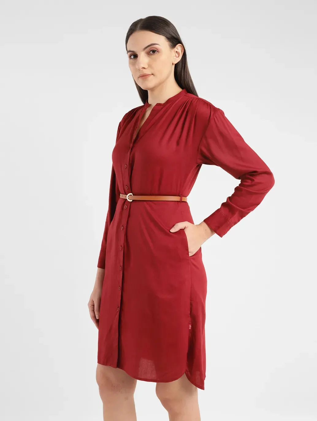 Women's Solid Red Band Neck Dress