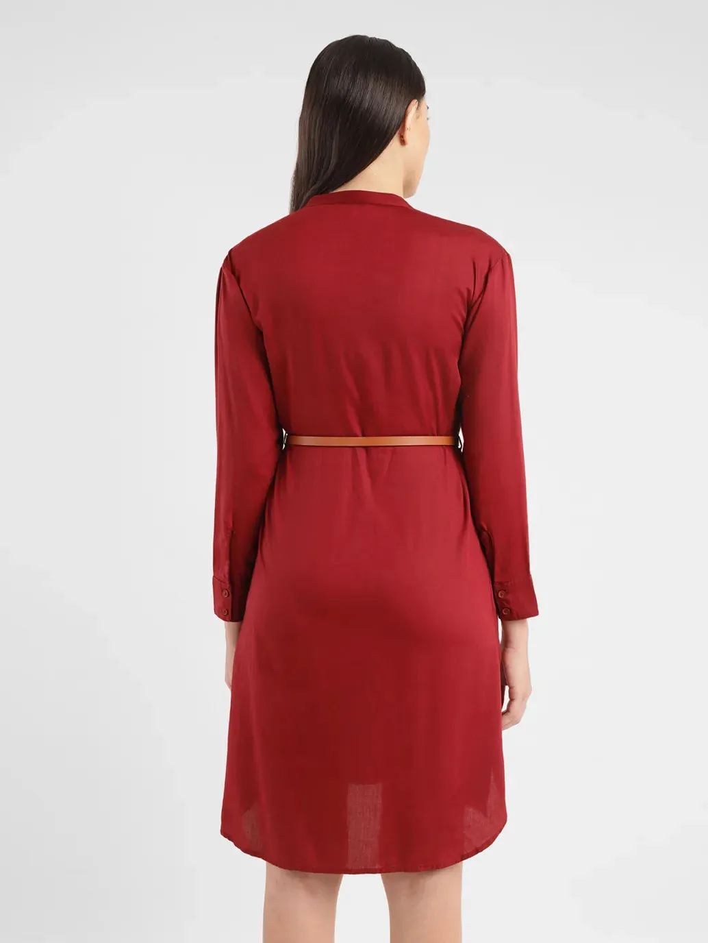 Women's Solid Red Band Neck Dress