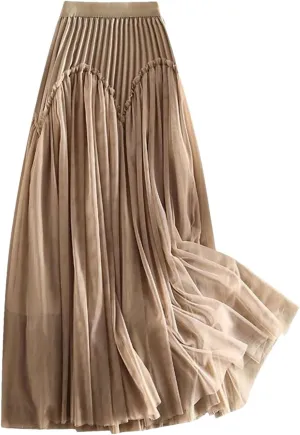 Women's Spliced Mesh A-Line High Waist Skirts Female Midi Flowy Pleated Skirts Party Prom Tulle Skirts