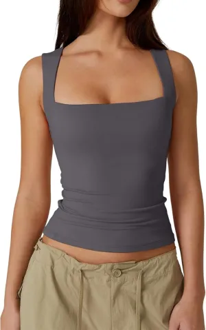 Women's Square Neck Double-Layer Tank Tops Sleeveless Basic Tight T Shirts Cropped Slim Fit Camisole