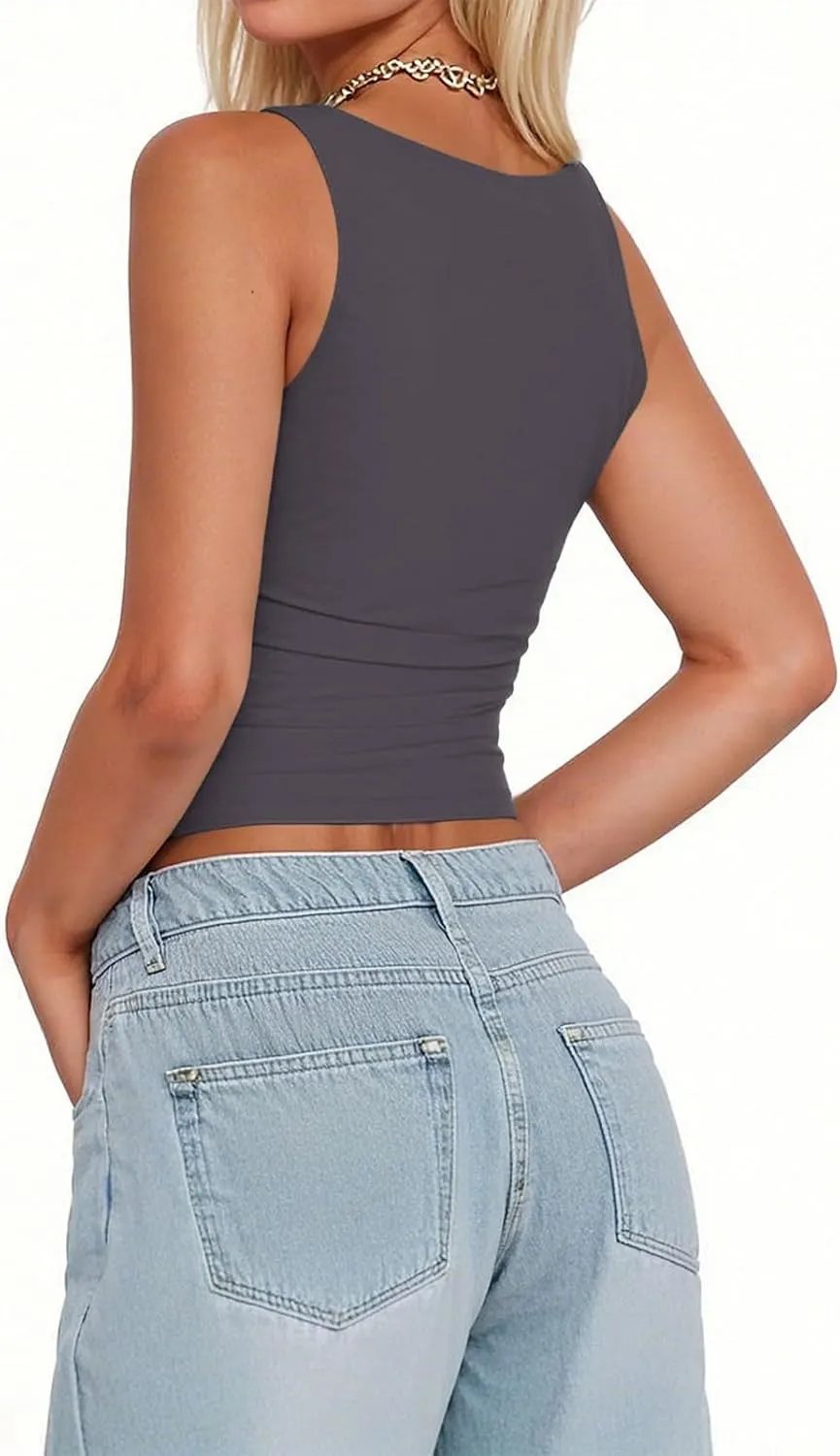 Women's Square Neck Double-Layer Tank Tops Sleeveless Basic Tight T Shirts Cropped Slim Fit Camisole