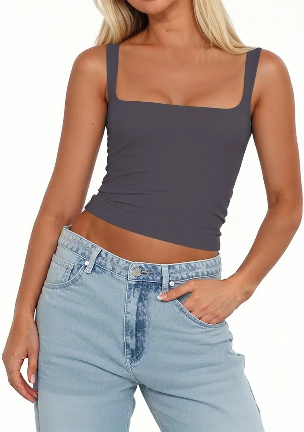 Women's Square Neck Double-Layer Tank Tops Sleeveless Basic Tight T Shirts Cropped Slim Fit Camisole
