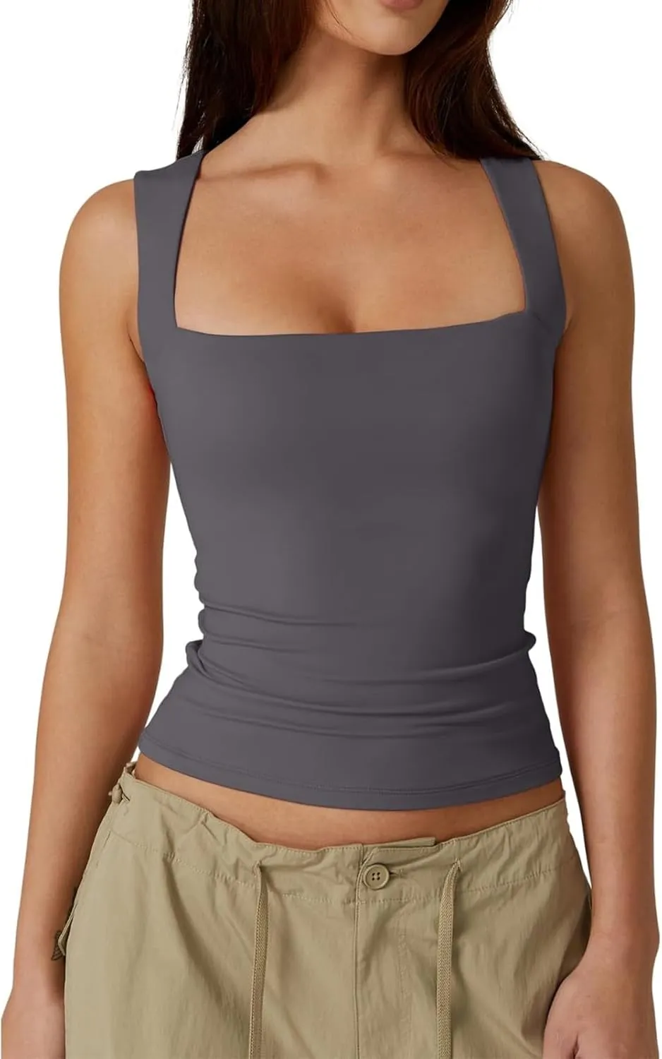 Women's Square Neck Double-Layer Tank Tops Sleeveless Basic Tight T Shirts Cropped Slim Fit Camisole