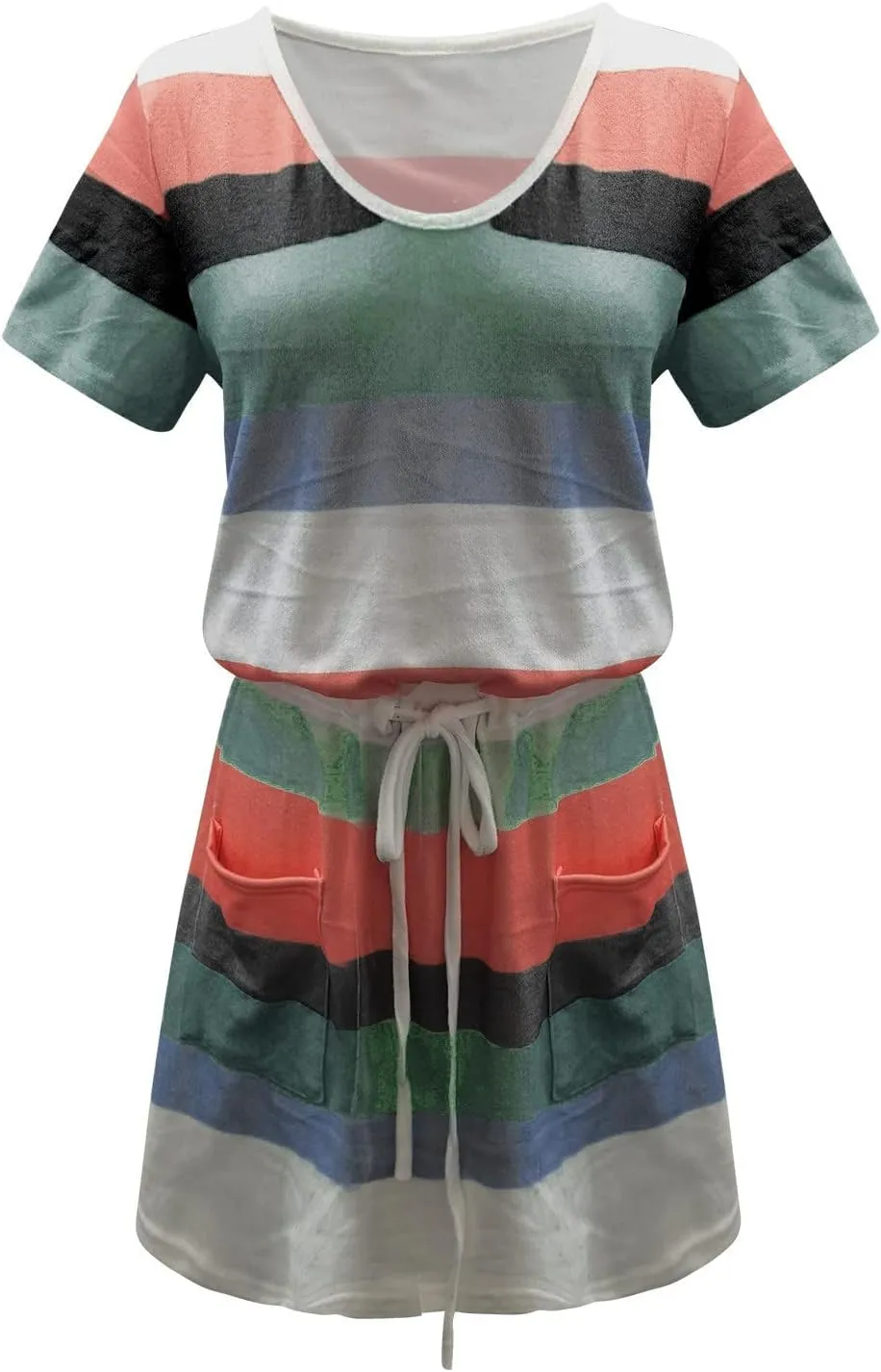 Women's Summer Casual Tank Dress Round-Neck Short Sleeve T-Shirts Dress Bandage Color Block Stripes Loose Sundresses