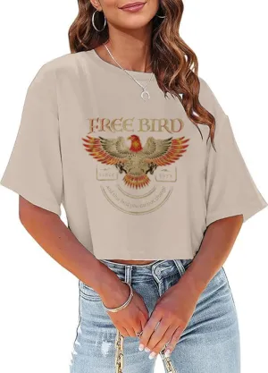 Women's Summer Cropped T Shirts Funny Rock and Roll Country Music Graphic Print tees Short Sleeve Casual Crop Tops