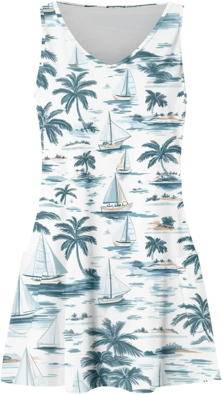 Womens Summer Dresses 2025 Printed Vacation Dress Loose Sleeveless T-Shirts Dress Beach Boho Sundress with Pockets