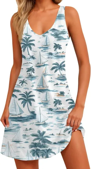 Womens Summer Dresses 2025 Printed Vacation Dress Loose Sleeveless T-Shirts Dress Beach Boho Sundress with Pockets