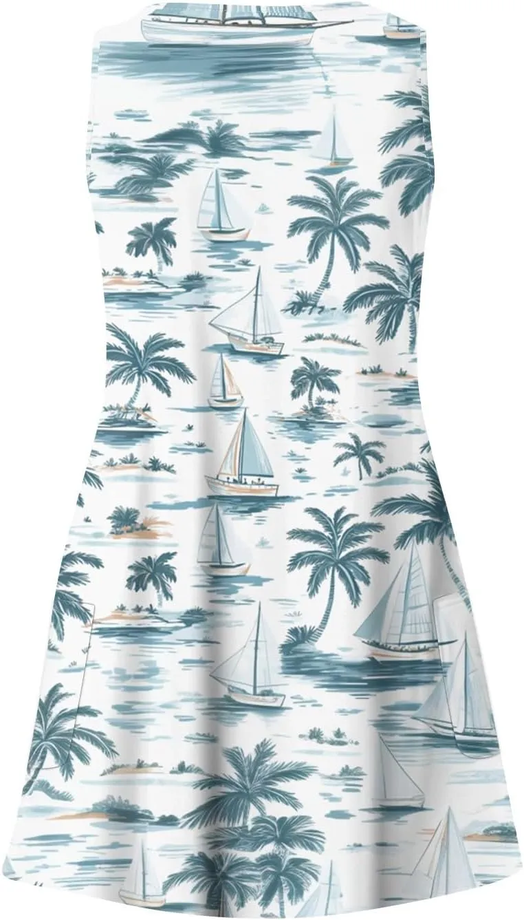 Womens Summer Dresses 2025 Printed Vacation Dress Loose Sleeveless T-Shirts Dress Beach Boho Sundress with Pockets
