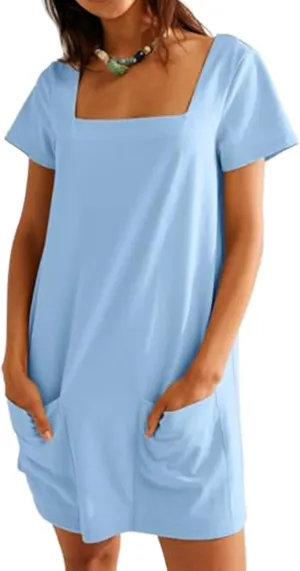 Womens Summer Dresses Trendy Square Neck Short Sleeve Mini Dresses Casual T Shirts Dress Loose Fit Sundress with Pockets