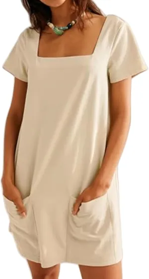 Womens Summer Dresses Trendy Square Neck Short Sleeve Mini Dresses Casual T Shirts Dress Loose Fit Sundress with Pockets