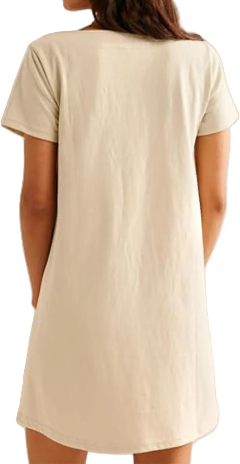 Womens Summer Dresses Trendy Square Neck Short Sleeve Mini Dresses Casual T Shirts Dress Loose Fit Sundress with Pockets