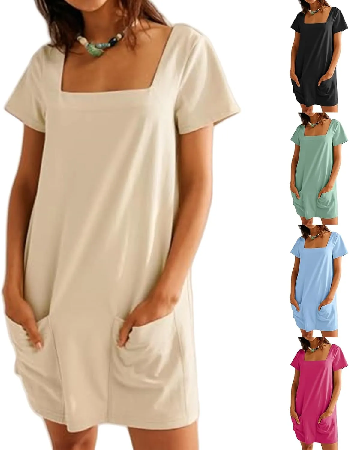 Womens Summer Dresses Trendy Square Neck Short Sleeve Mini Dresses Casual T Shirts Dress Loose Fit Sundress with Pockets