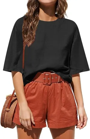 Womens Summer Short Sleeve Crop Tops Dressy Casual Loose Crew Neck T-Shirts Basic Athletic Yoga Running Tees