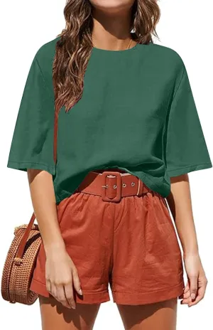 Womens Summer Short Sleeve Crop Tops Dressy Casual Loose Crew Neck T-Shirts Basic Athletic Yoga Running Tees