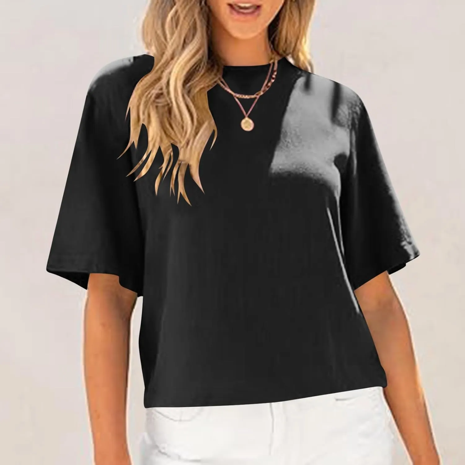 Womens Summer Short Sleeve Crop Tops Dressy Casual Loose Crew Neck T-Shirts Basic Athletic Yoga Running Tees