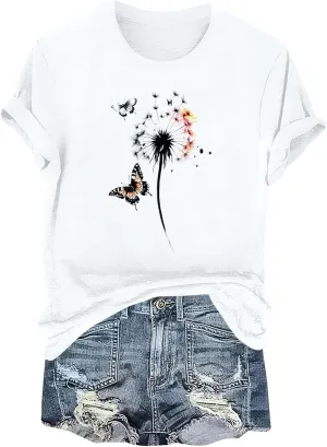 Womens T Shirts Butterfly Flowers Graphic Tees Short Sleeve Summer Cute Vintage Crewneck Loose Boho Vacation Top