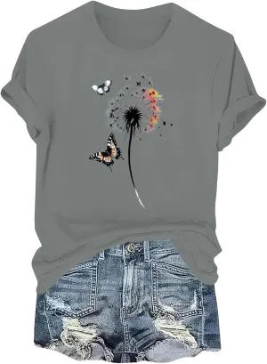 Womens T Shirts Butterfly Flowers Graphic Tees Short Sleeve Summer Cute Vintage Crewneck Loose Boho Vacation Top