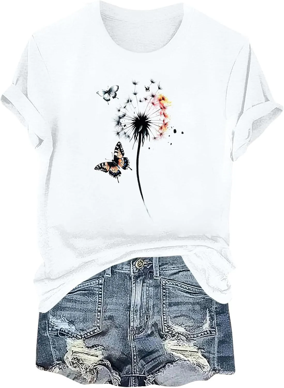 Womens T Shirts Butterfly Flowers Graphic Tees Short Sleeve Summer Cute Vintage Crewneck Loose Boho Vacation Top